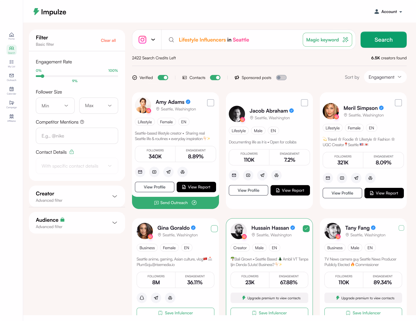 Creator lists in impulze, grouped by campaign